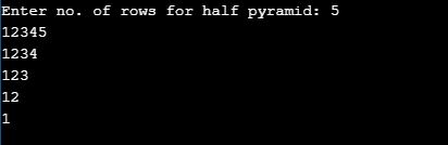 Inverted Half Pyramid Pattern in c of number